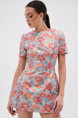 PRETTY IN PINK BROCADE BEADED MINI DRESS