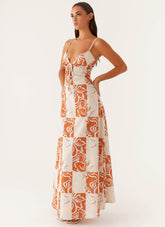 Flora Linen Maxi Dress - Orange Blue Floral