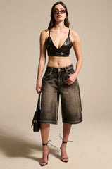 PAXTON SEXY FAUX LEATHER TRIANGLE LONGLINE BRALETTE