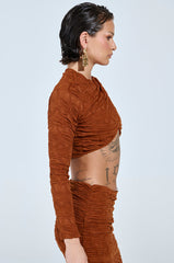 MAYBE NEXT TIME RUCHED LONG SLEEVE TOP IN BROWN