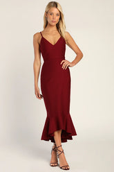 Stun Like Me Wine Red Bodycon Trumpet Hem Midi Dress