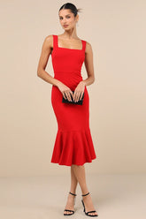 Moment Maker Red Square Neck Trumpet Midi Dress