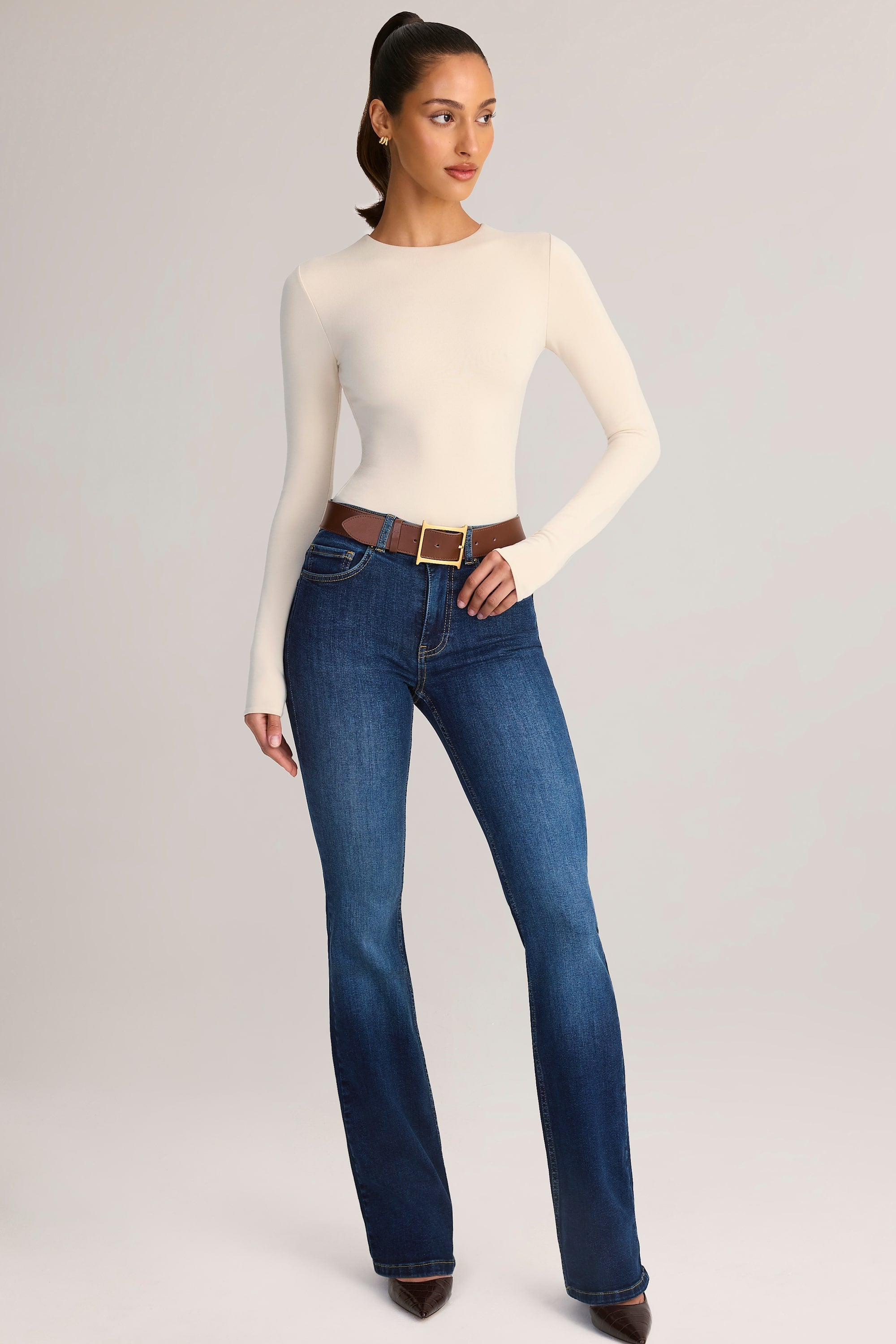 Denim Mid-Rise Flared Jeans in Indigo