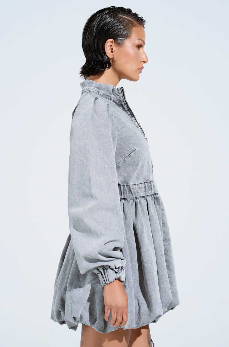 PASS THE BUBBLY DENIM MINI DRESS IN LIGHT GREY