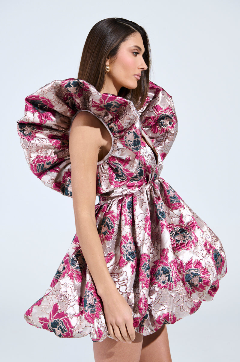MAIN CHARACTER ENERGY BROCADE MINI DRESS IN SILVER