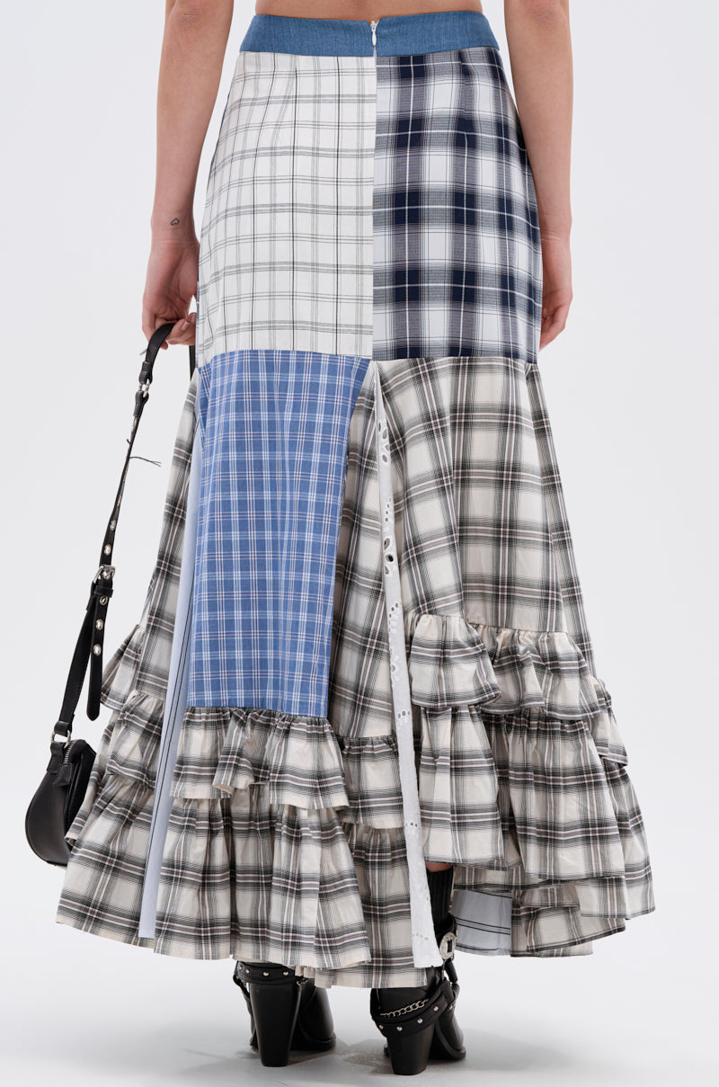OUT OF ALIGNMENT PLAID MIDI SKIRT