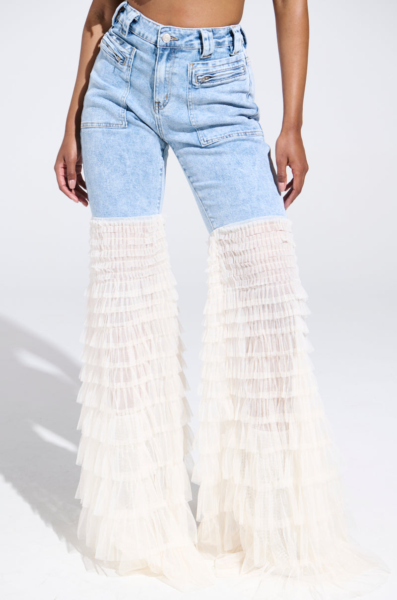 LOOK AT ME GO DENIM PANT WITH RUFFLE BOTTOM