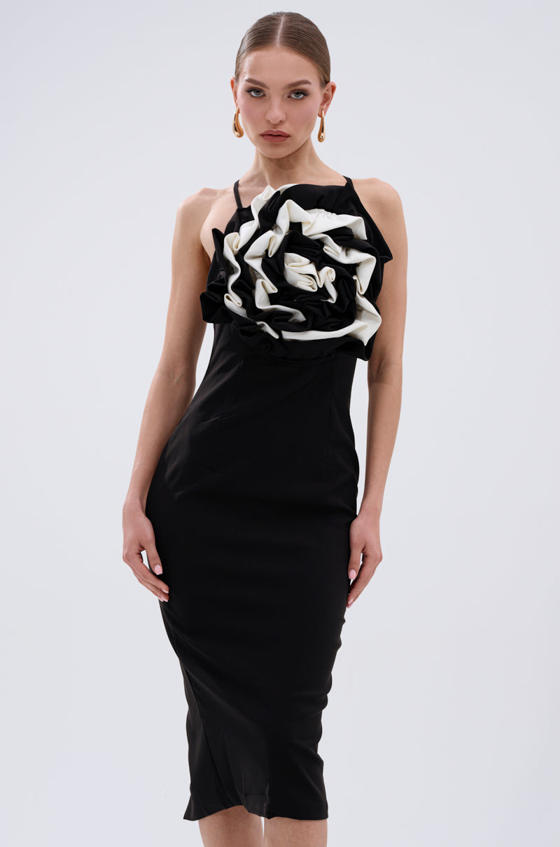 MAYBE SOMEDAY MIDI DRESS WITH FLOWER APPLIQUE