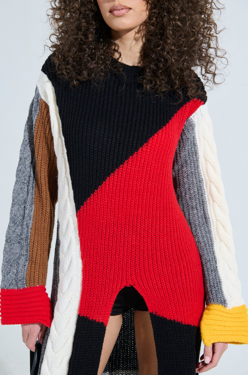 MIXED PATTERN LONG SLEEVE SWEATER DRESS