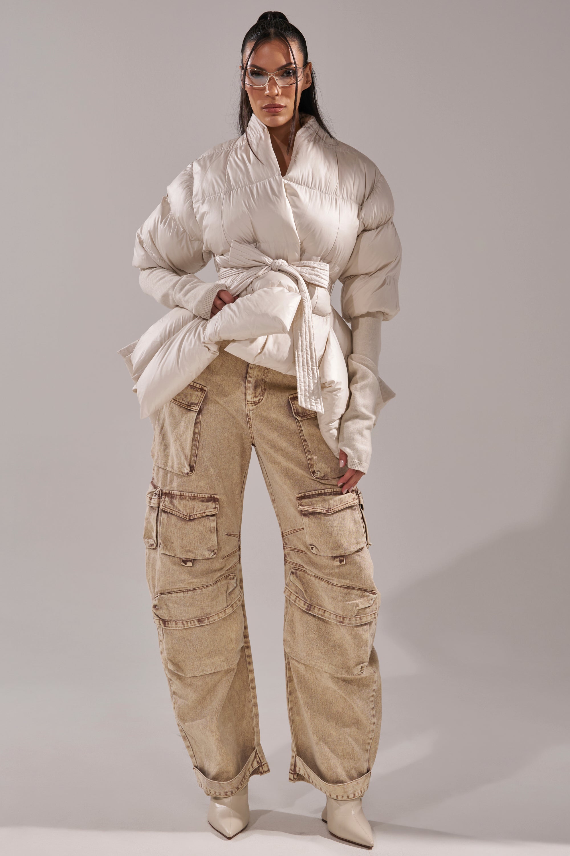 RIB SLEEVE PEPLUM PUFFER IN IVORY