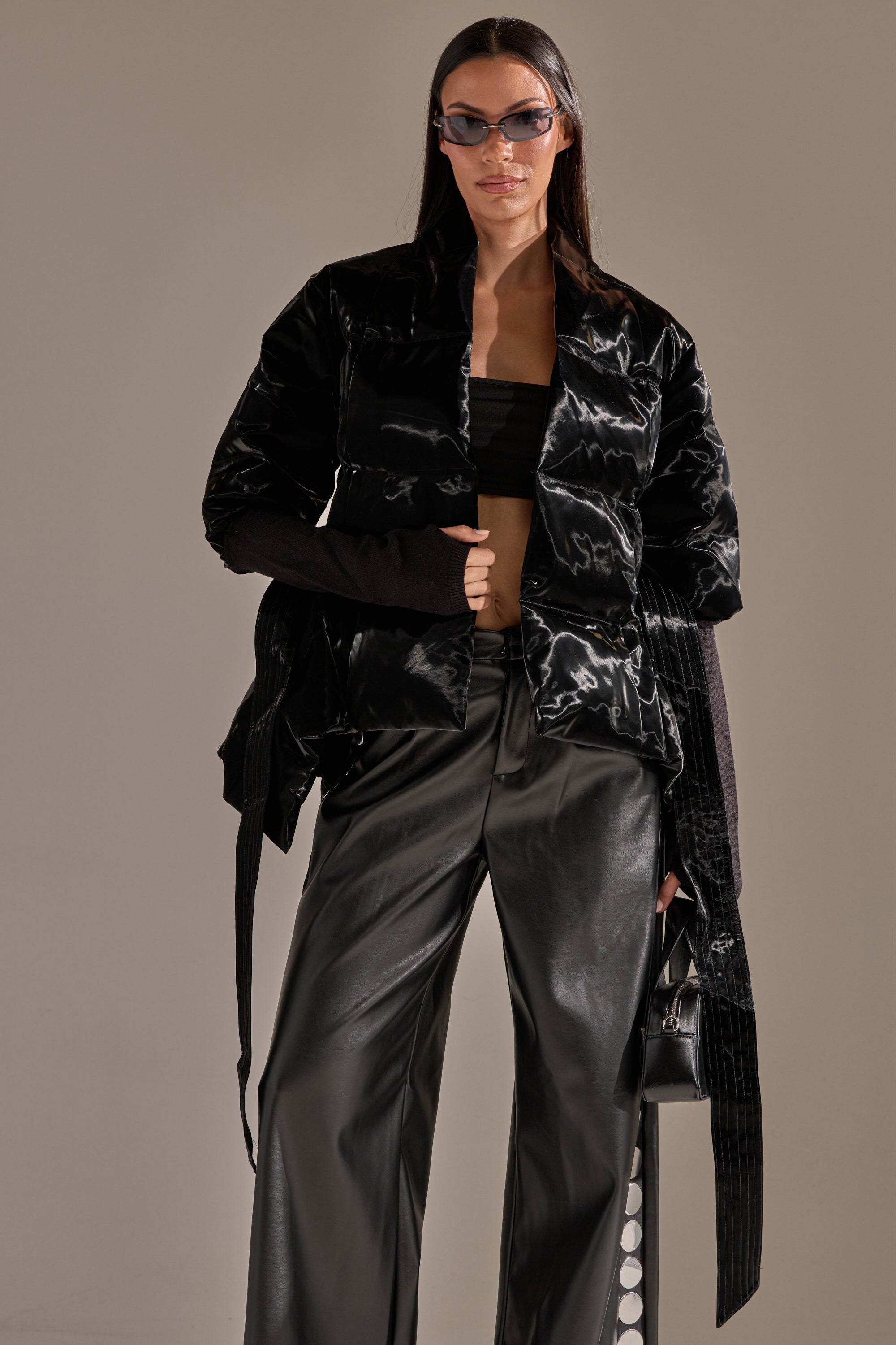 RIB SLEEVE PEPLUM PUFFER IN LIQUID VELVET