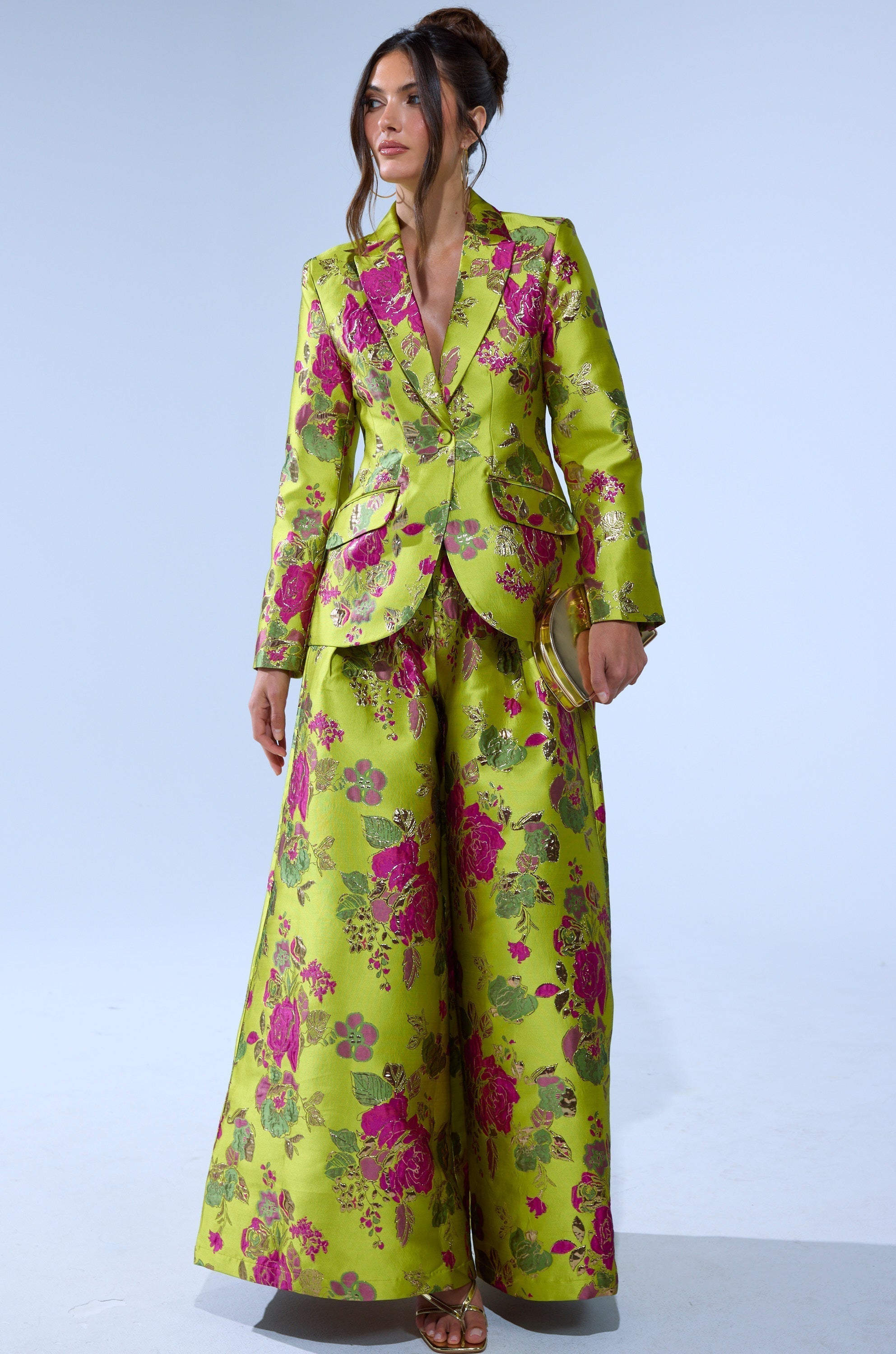 BUY MYSELF FLOWERS BROCADE TROUSER IN LIME