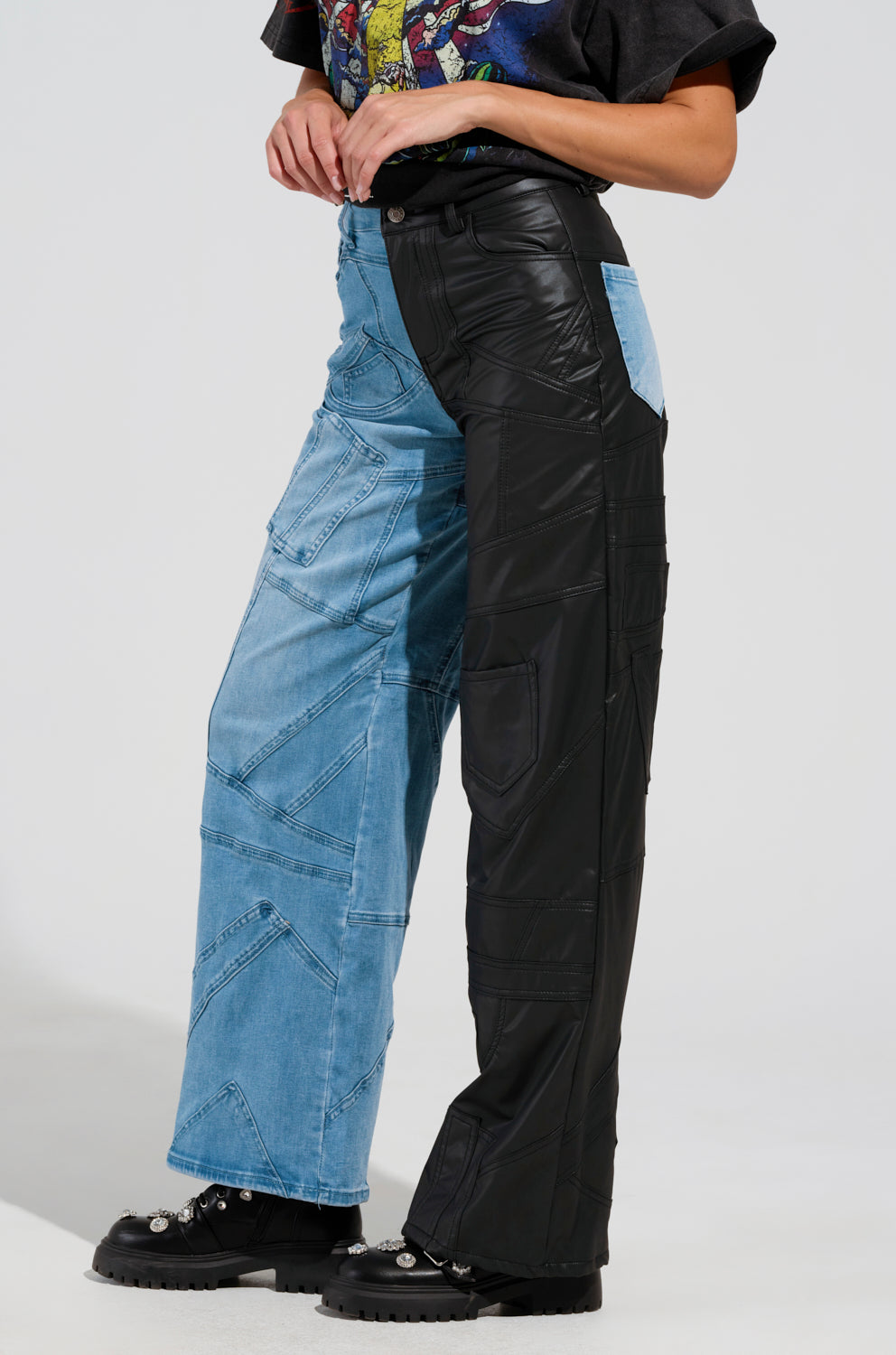 EXTREME STRETCH PATCHWORK WIDE LEG JEANS