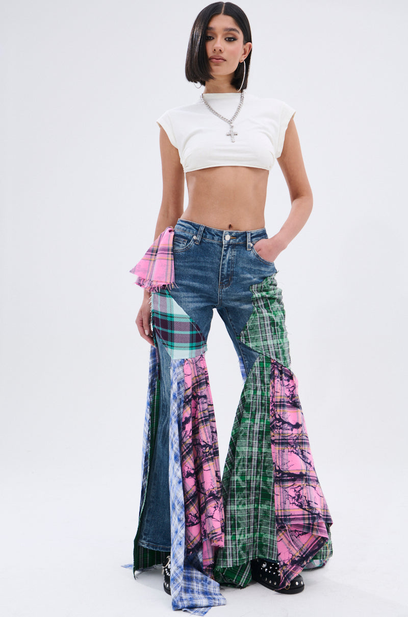 PLAID ON PLAID DENIM JEANS