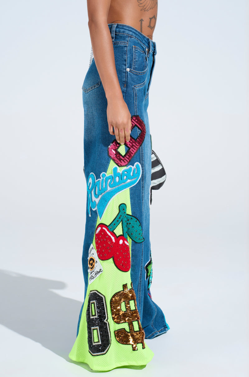 NOT SORRY PATCHWORK MEDIUM BLUE DENIM JEANS