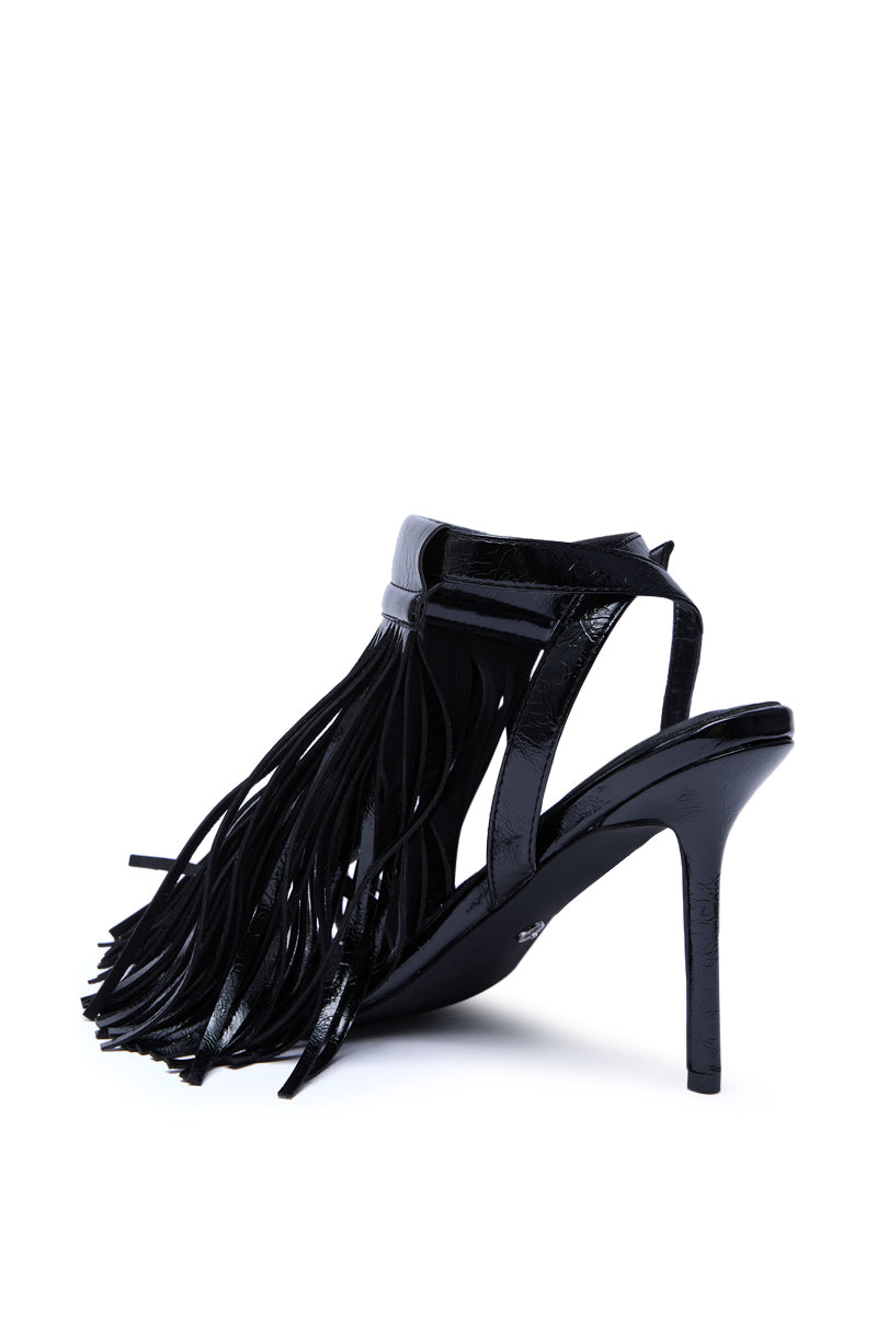 AZALEA WANG ANTIQUE BLACK FRINGE UPPER STILETTO SANDAL