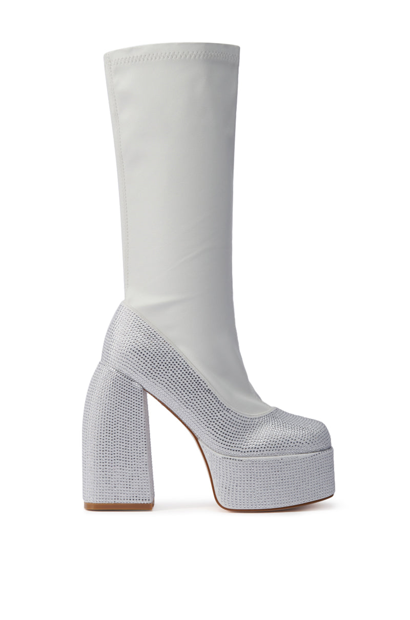 AZALEA WANG AURONNE WHITE AND RHINESTONE CHUNKY BOOT
