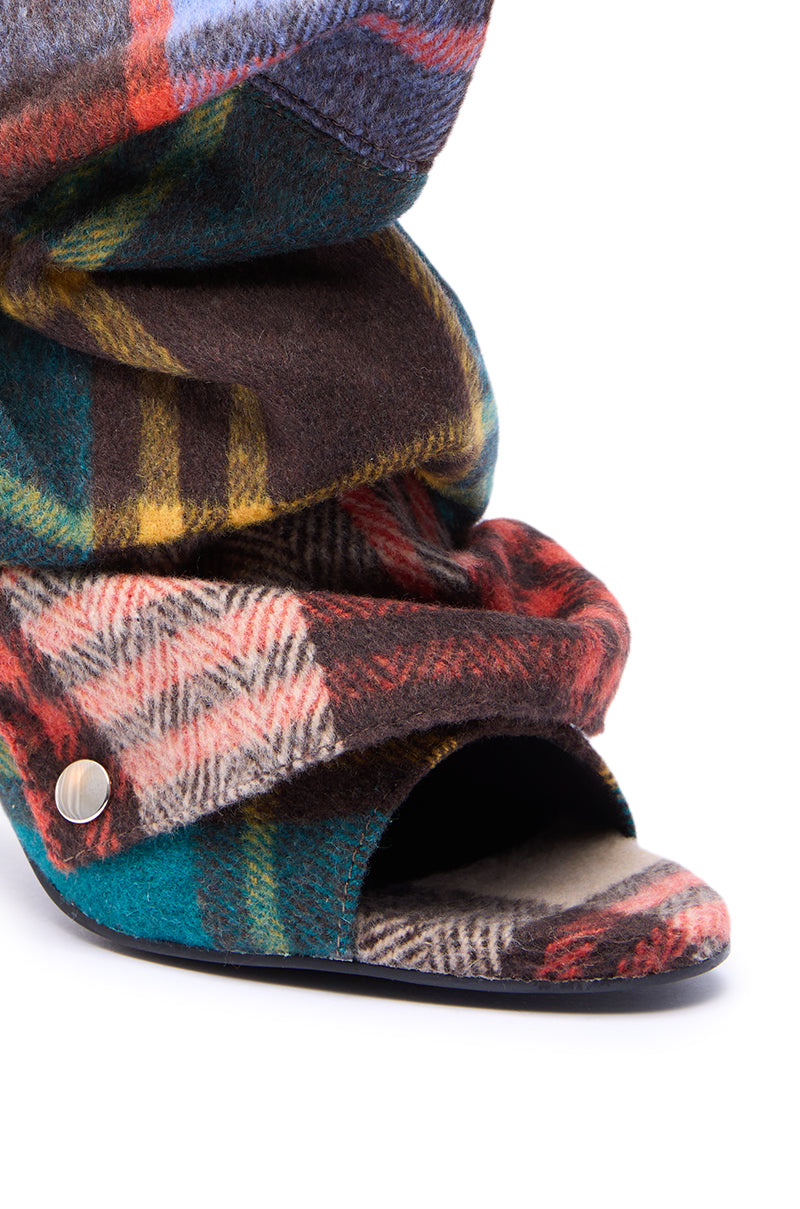 AZALEA WANG BIRD SONG PLAID MULTI OPEN TOE SNAP BOOTIE