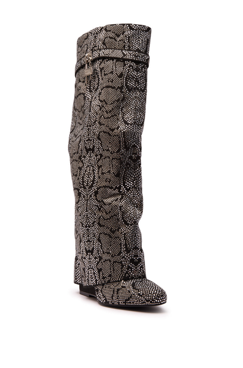 AZALEA WANG CAPRICORN RHINESTONE SNAKE PATTERN WEDGE FOLD OVER BOOT