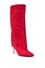 AZALEA WANG COUTURE LURE RED FAUX SUEDE BOOT
