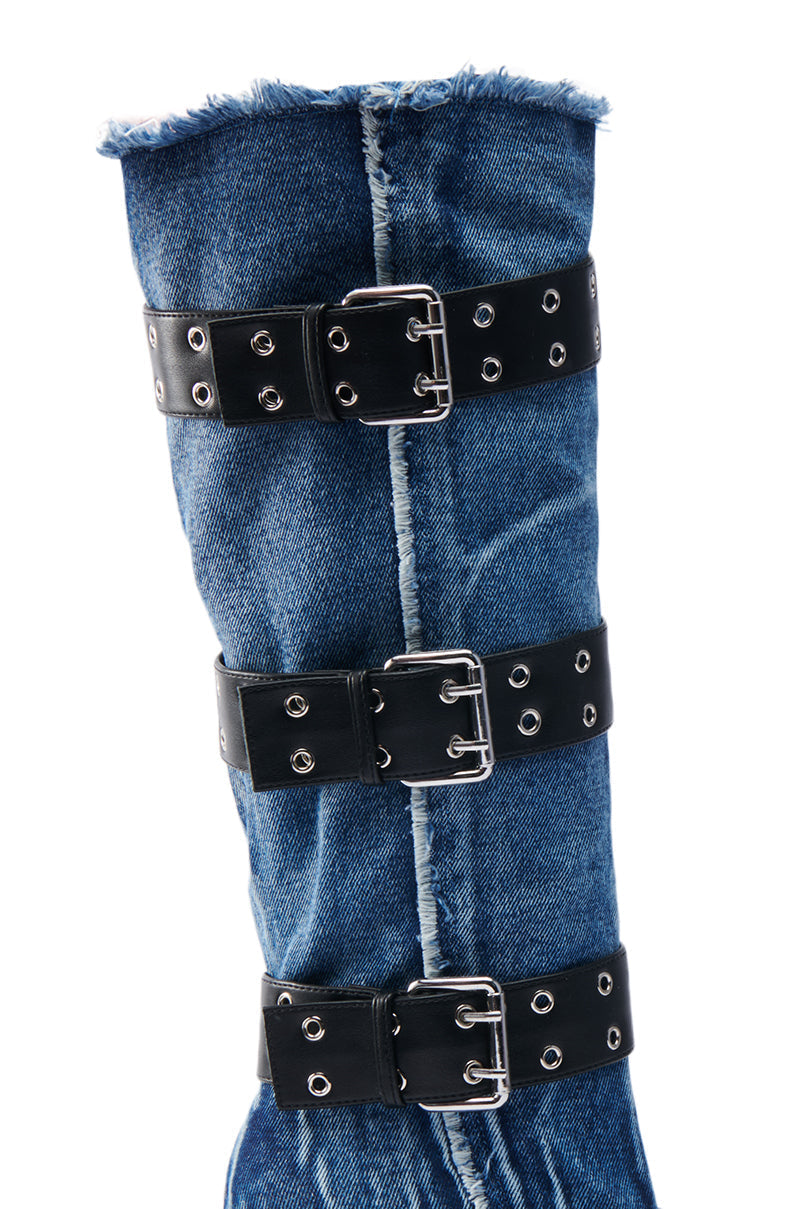 AZALEA WANG DANDY DENIM LEATHER BELTED BOOT