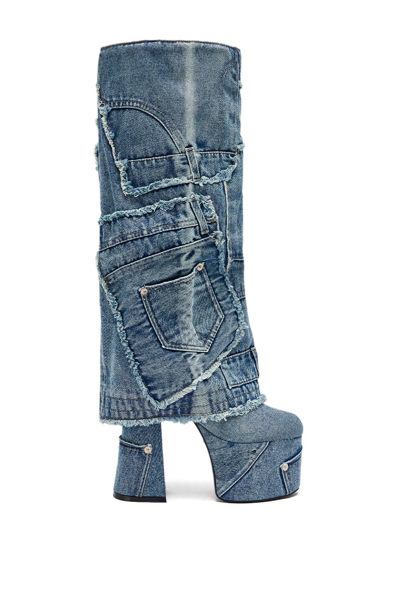 AZALEA WANG DUMI DENIM CHUNKY PATCHWORK BOOT