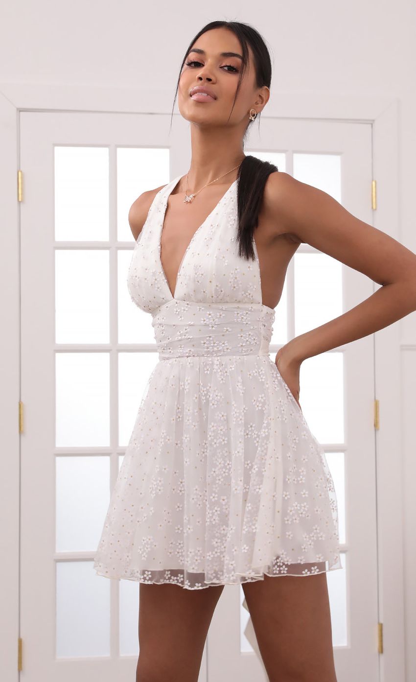 Plunge A-Line Dress in White Daisies