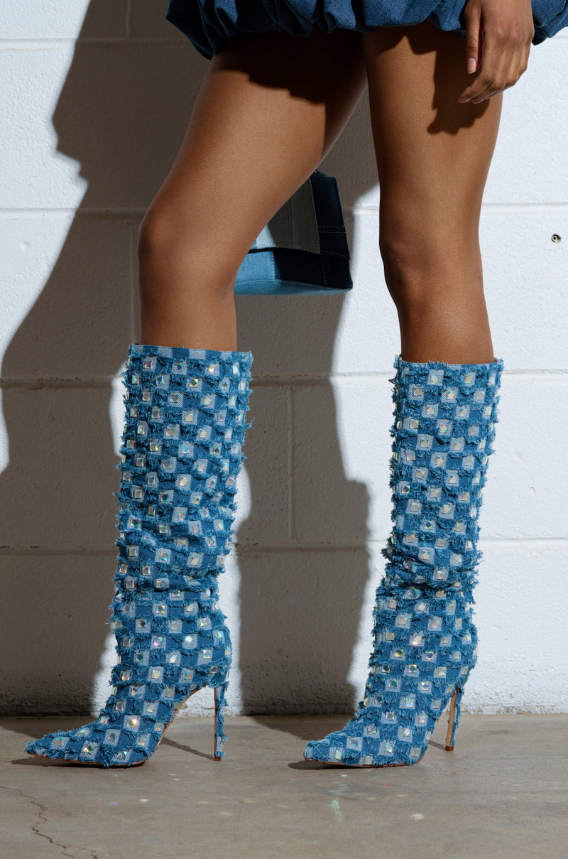 AZALEA WANG EVE DENIM KNEE HIGH EMBELLISHED BOOT