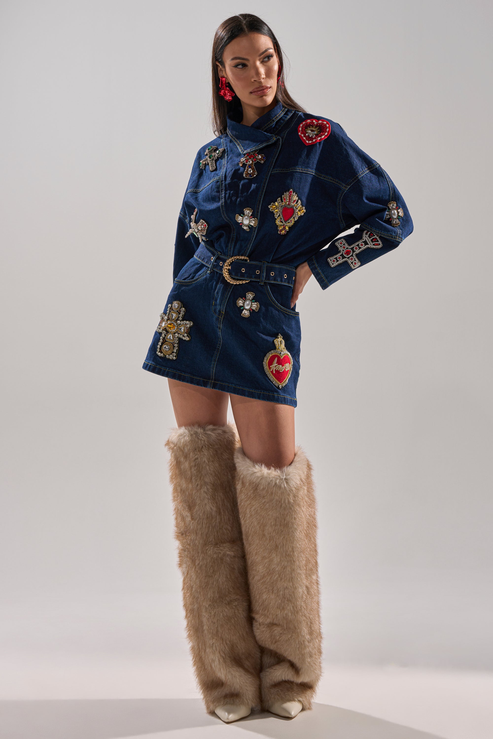 PRETTIEST PROBLEM DENIM PATCHWORK MINI DRESS
