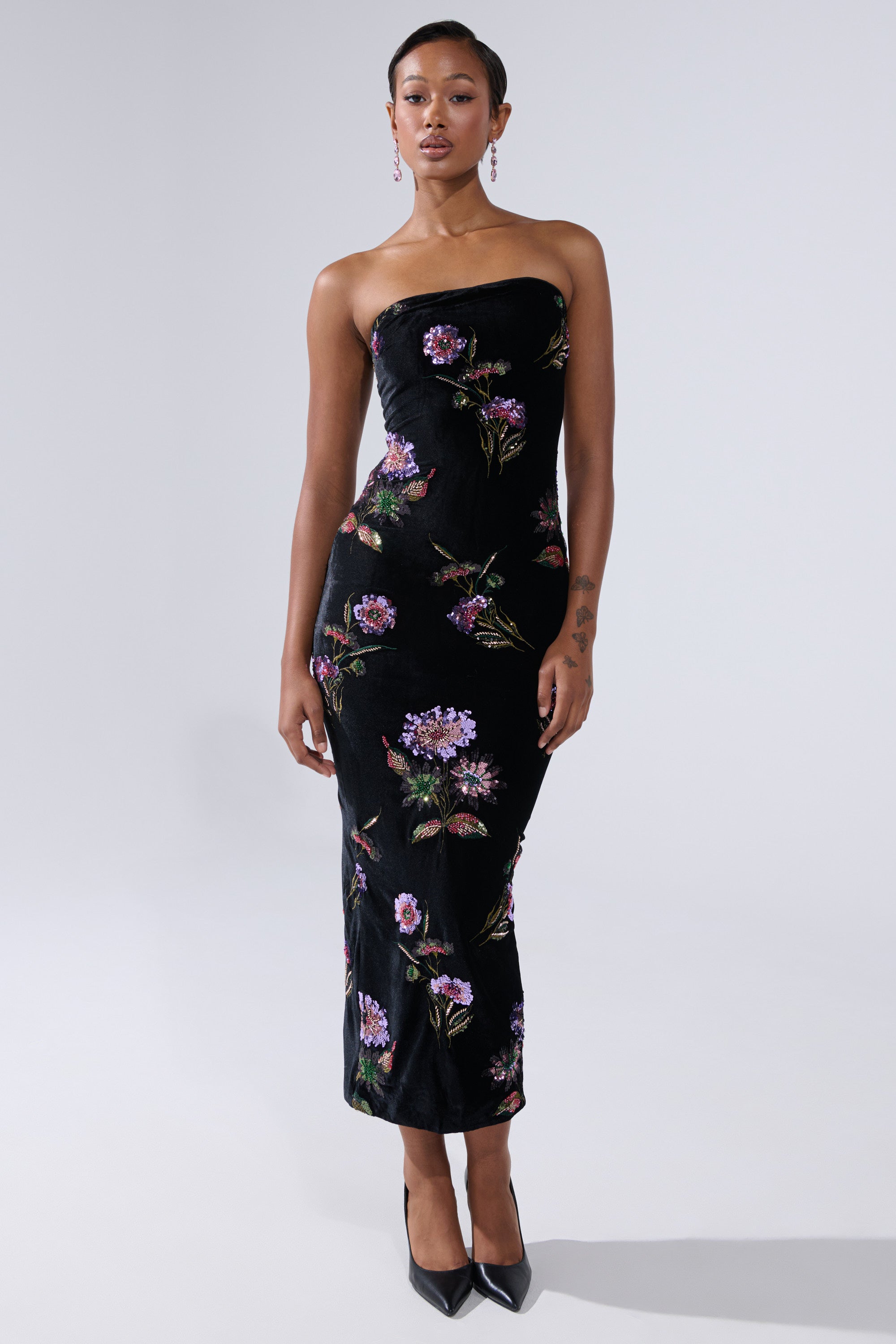 LUNA BEADED FLORAL VELVET MIDI DRESS
