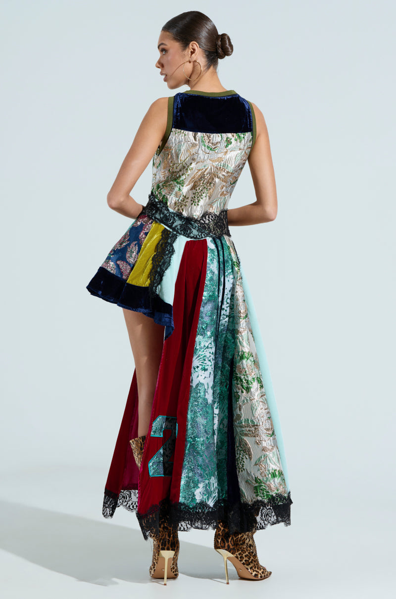CLEAT CHASER LAYERED JERSEY HIGH LOW DRESS IN BROCADE