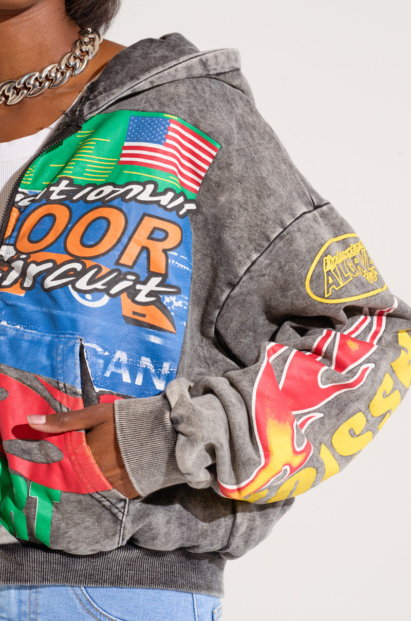 OFF TO THE RACES GRAPHIC ZIP UP HOODIE