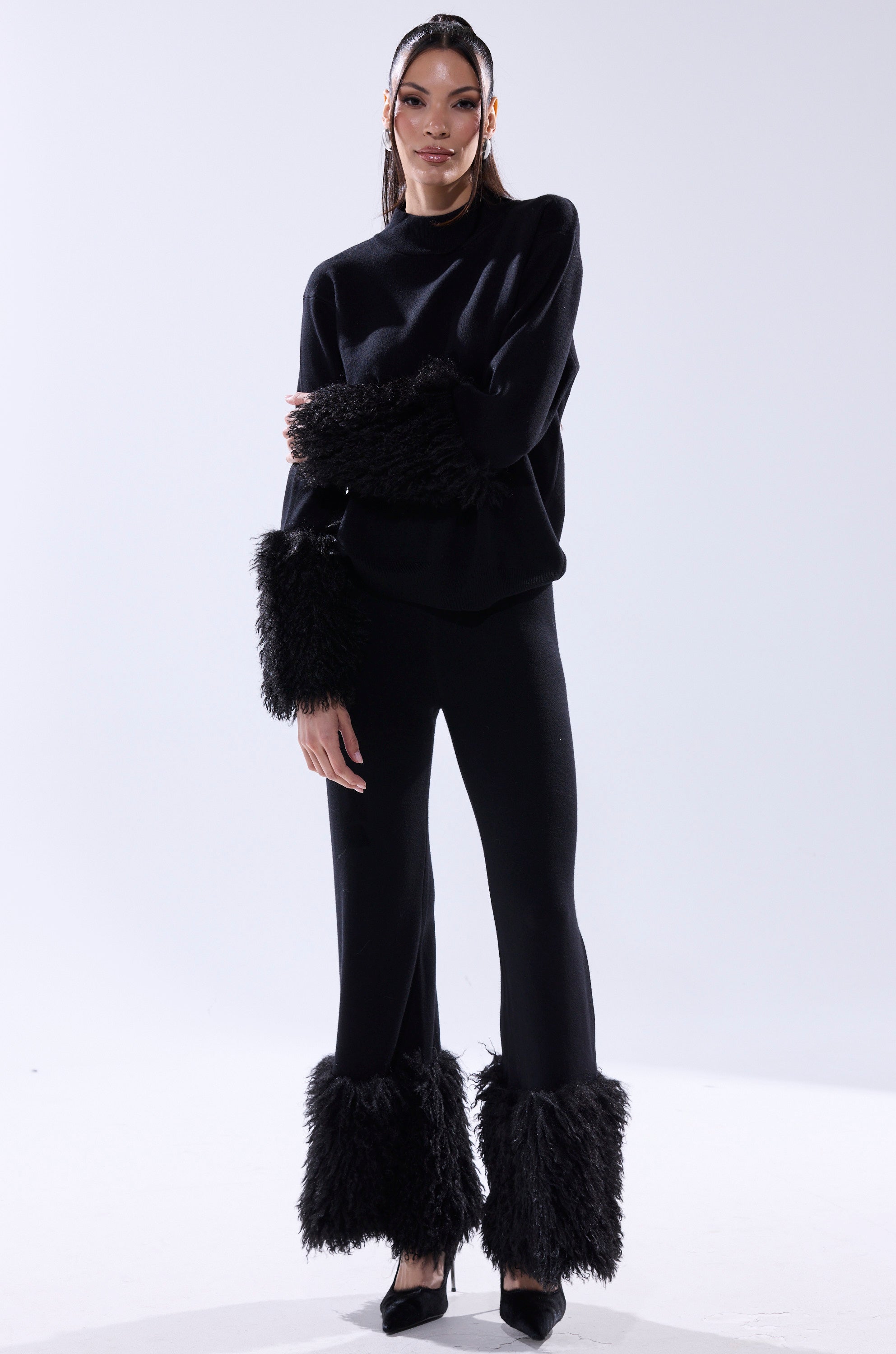 COZY VIBES SWEATER PANT WITH FUR CUFF IN BLACK