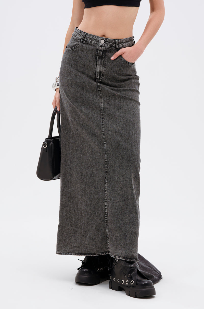 OH THE DRAMA DENIM MAXI SKIRT WITH TRAIN IN GREY