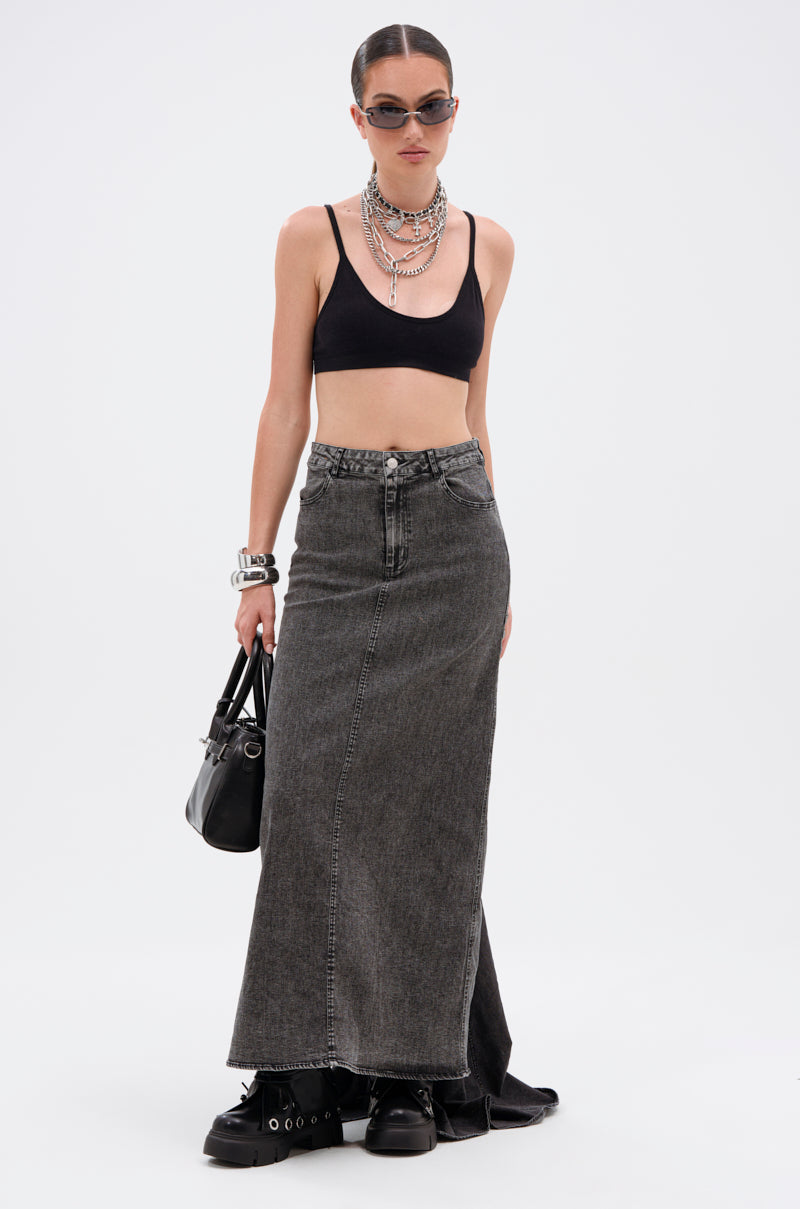 OH THE DRAMA DENIM MAXI SKIRT WITH TRAIN IN GREY