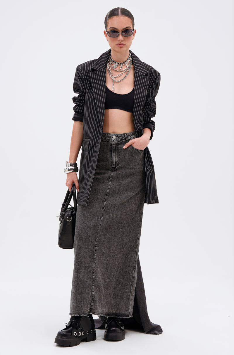 OH THE DRAMA DENIM MAXI SKIRT WITH TRAIN IN GREY