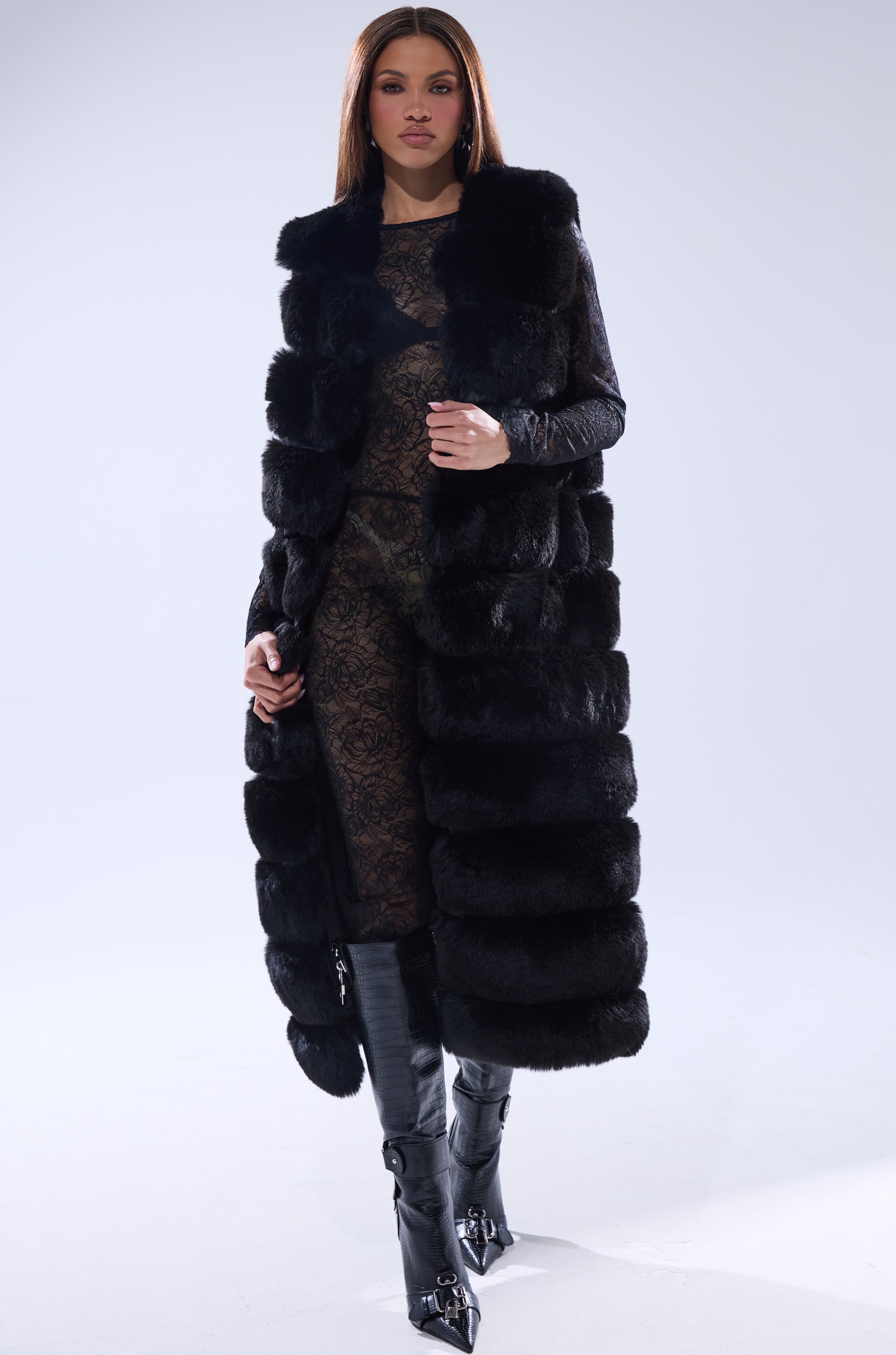 JENNY LIN FAUX FUR MAXI VEST IN BLACK