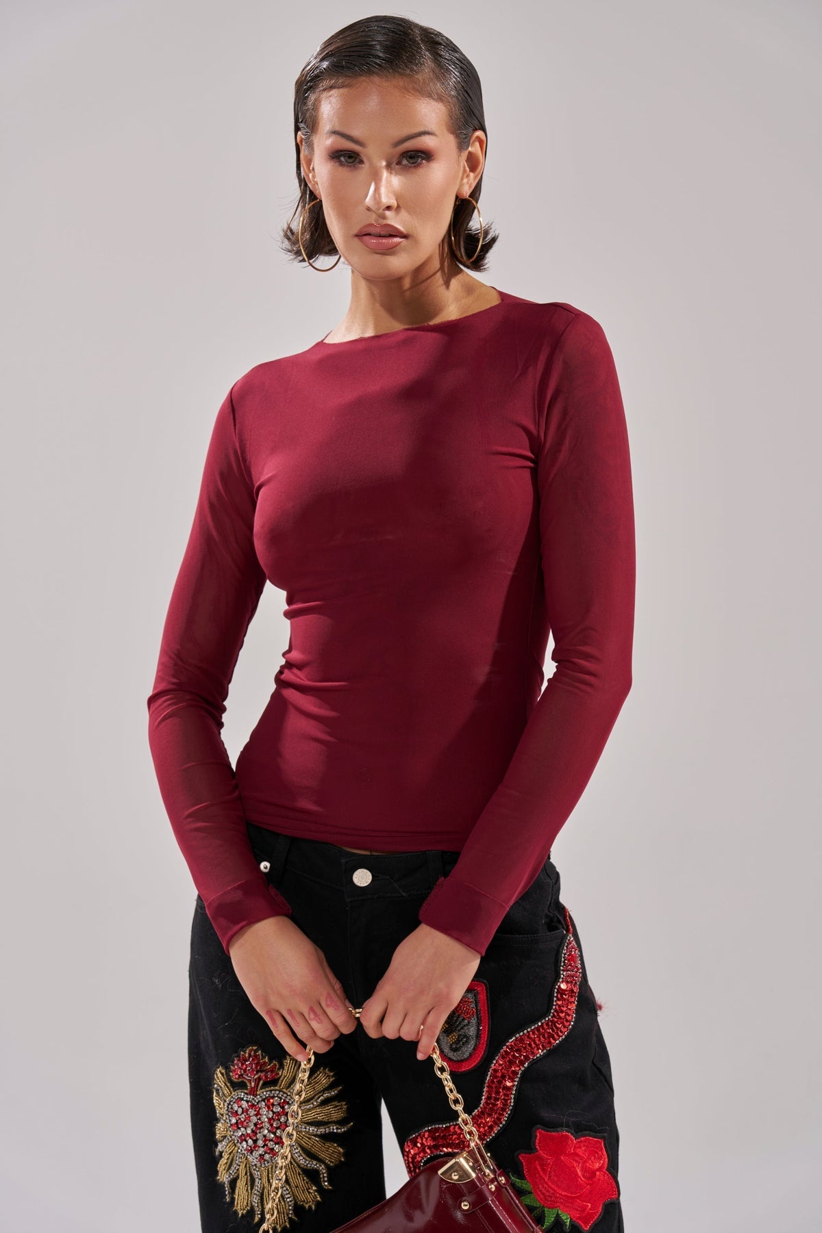 PAXTON DOUBLE LINED MESH LONG SLEEVE TOP IN PLUM