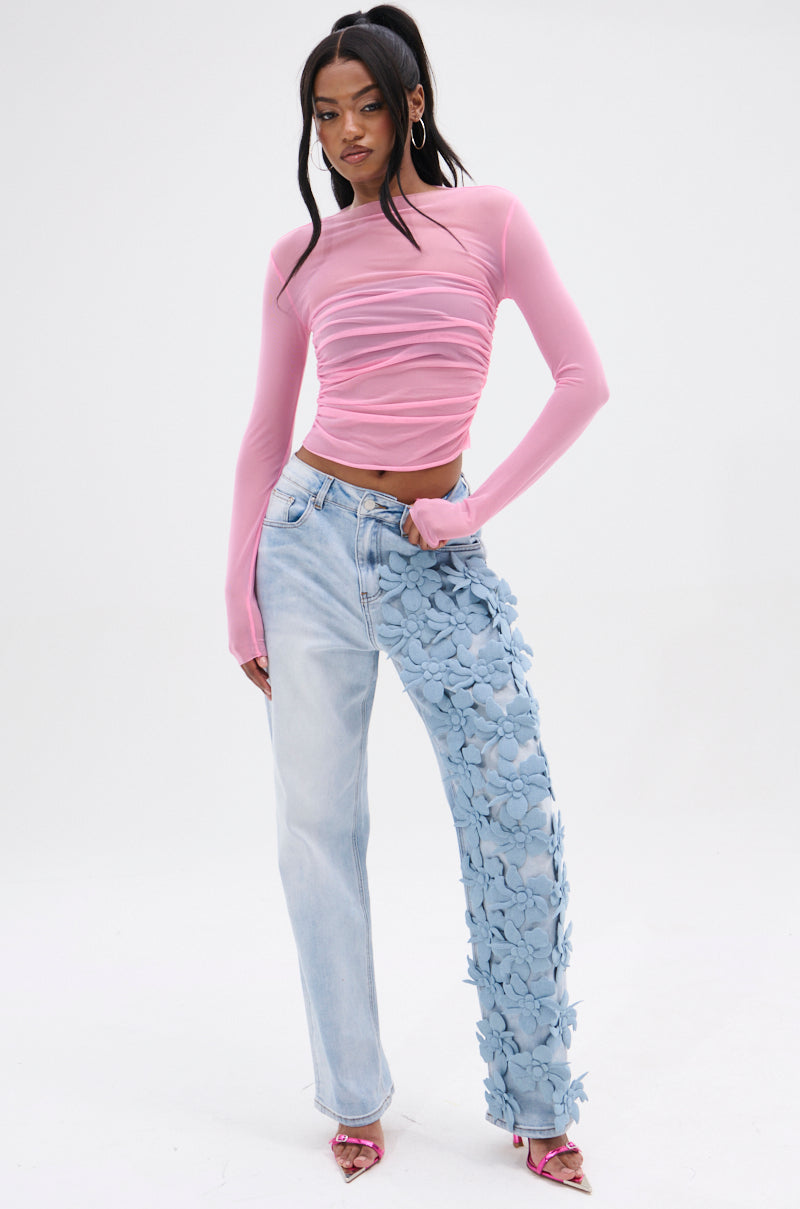 PAXTON SEXY RUCHED MESH LONG SLEEVE TOP
