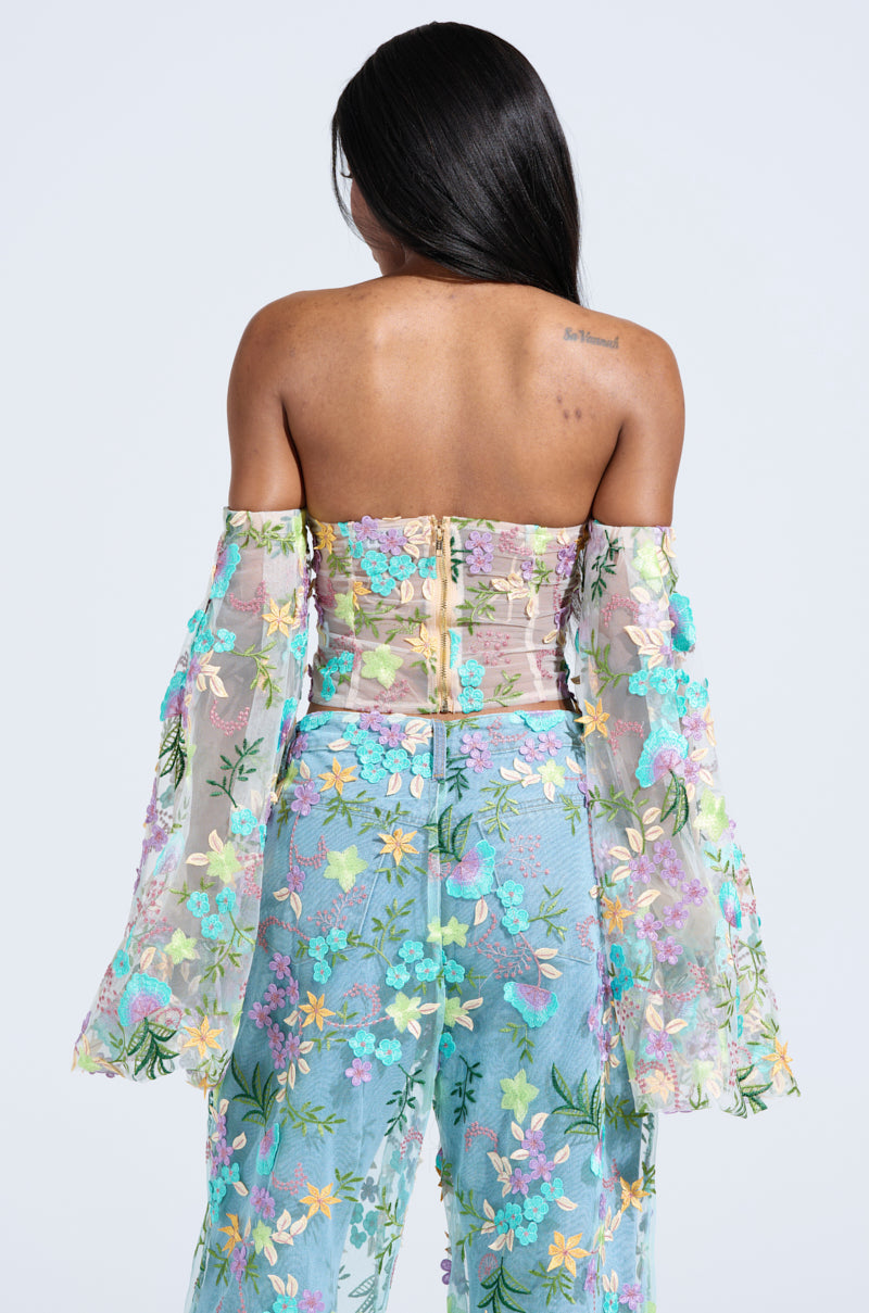 GARDENIA FLORAL EMBROIDERY TULLE TOP