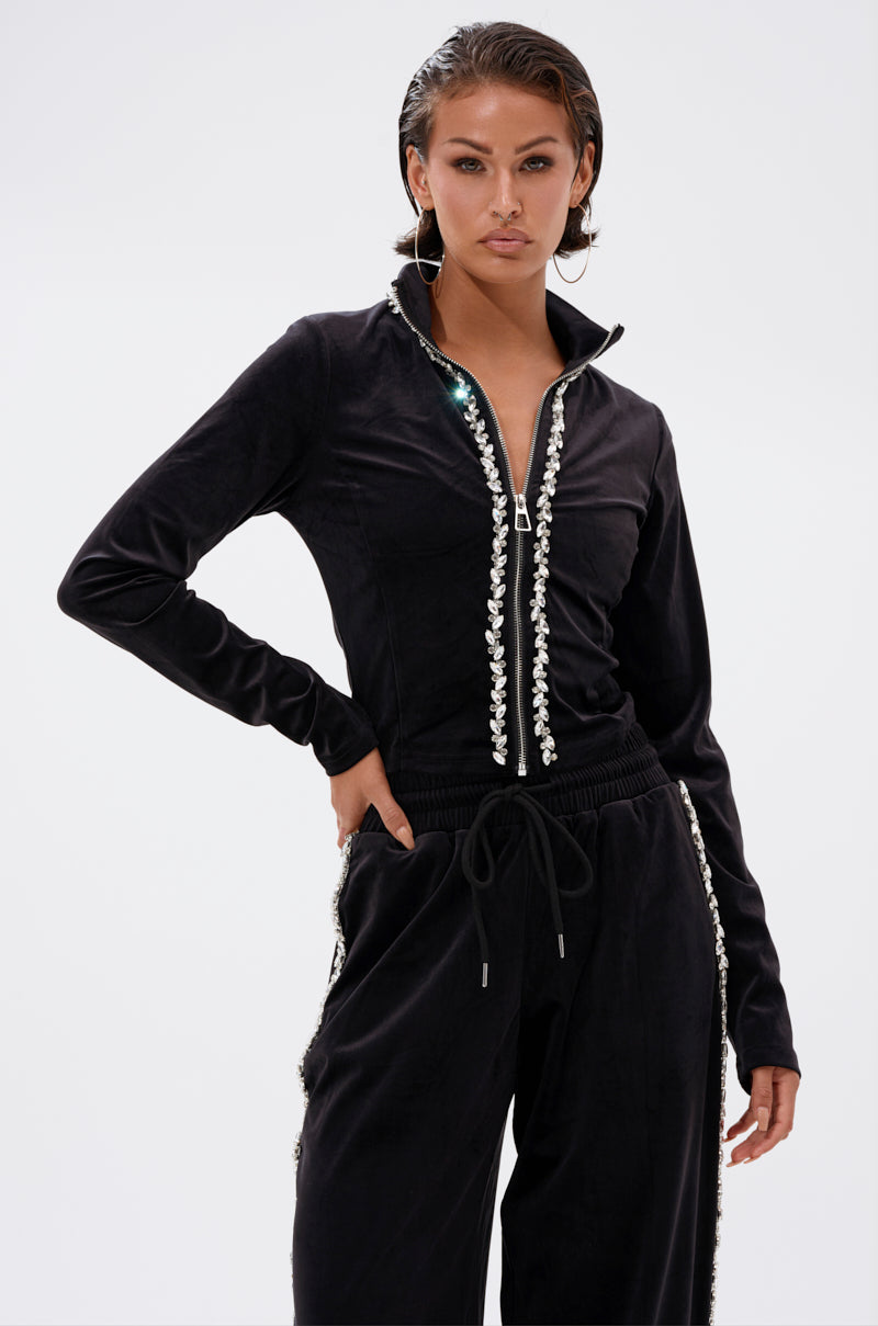 DARA RHINESTONE MOCK NECK ZIP-UP SWEATSHIRT