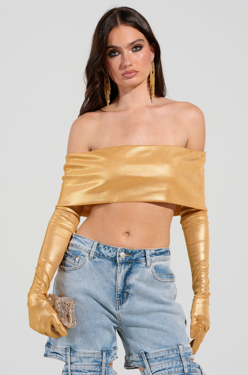 JUST LIKE MAGIC SLINKY OFF THE SHOULDER GLOVED TOP IN GOLD
