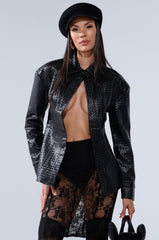 FEELING RICH FAUX LEATHER BUTTON DOWN IN BLACK