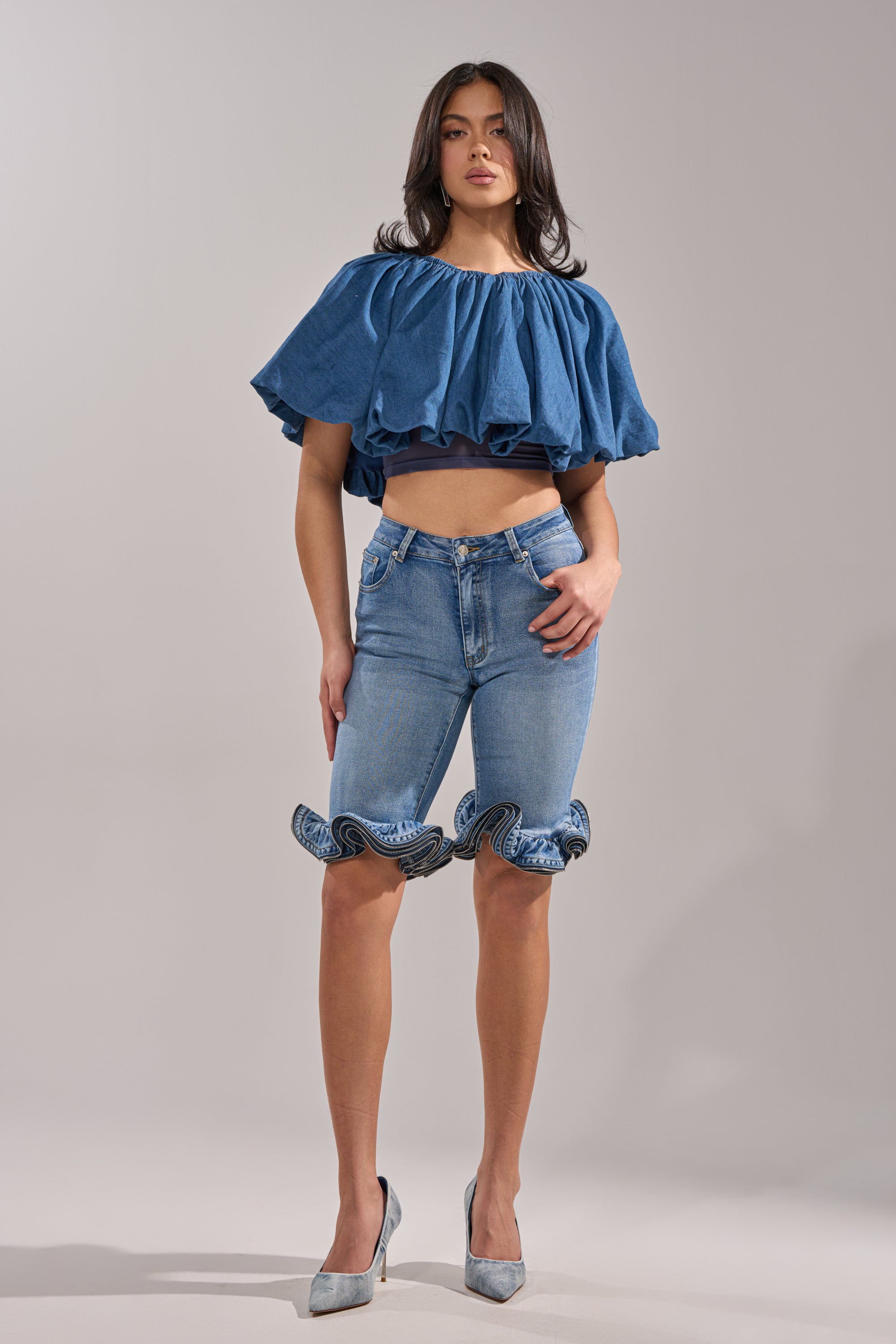 NEVER GOING TO STOP BLOUSE IN MEDIUM BLUE DENIM