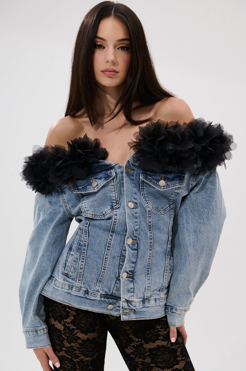 DANA OFF THE SHOULDER RUFFLE DETAIL DENIM TOP