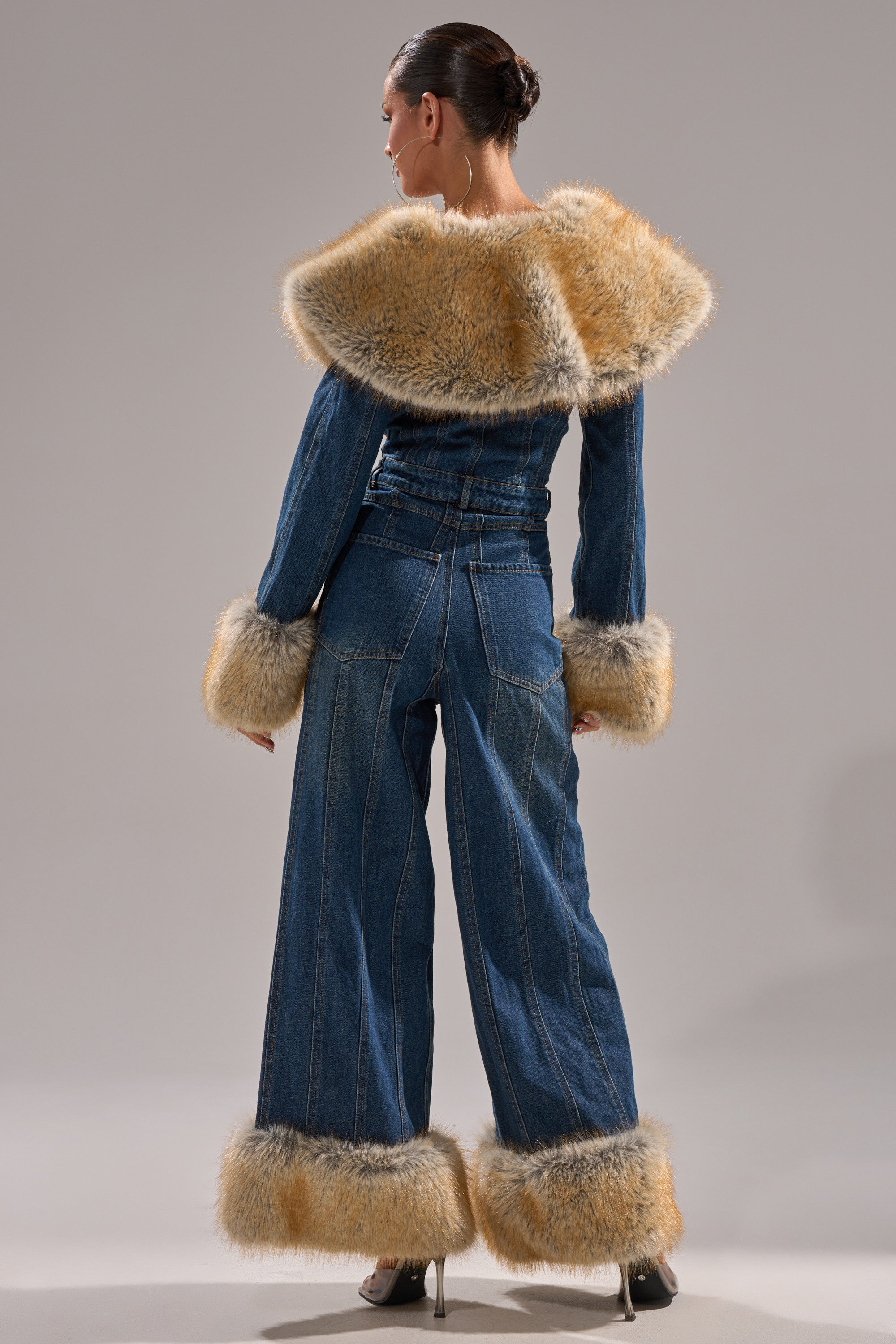 LENNOX DENIM JUMPSUIT WITH FUR ACCENTS