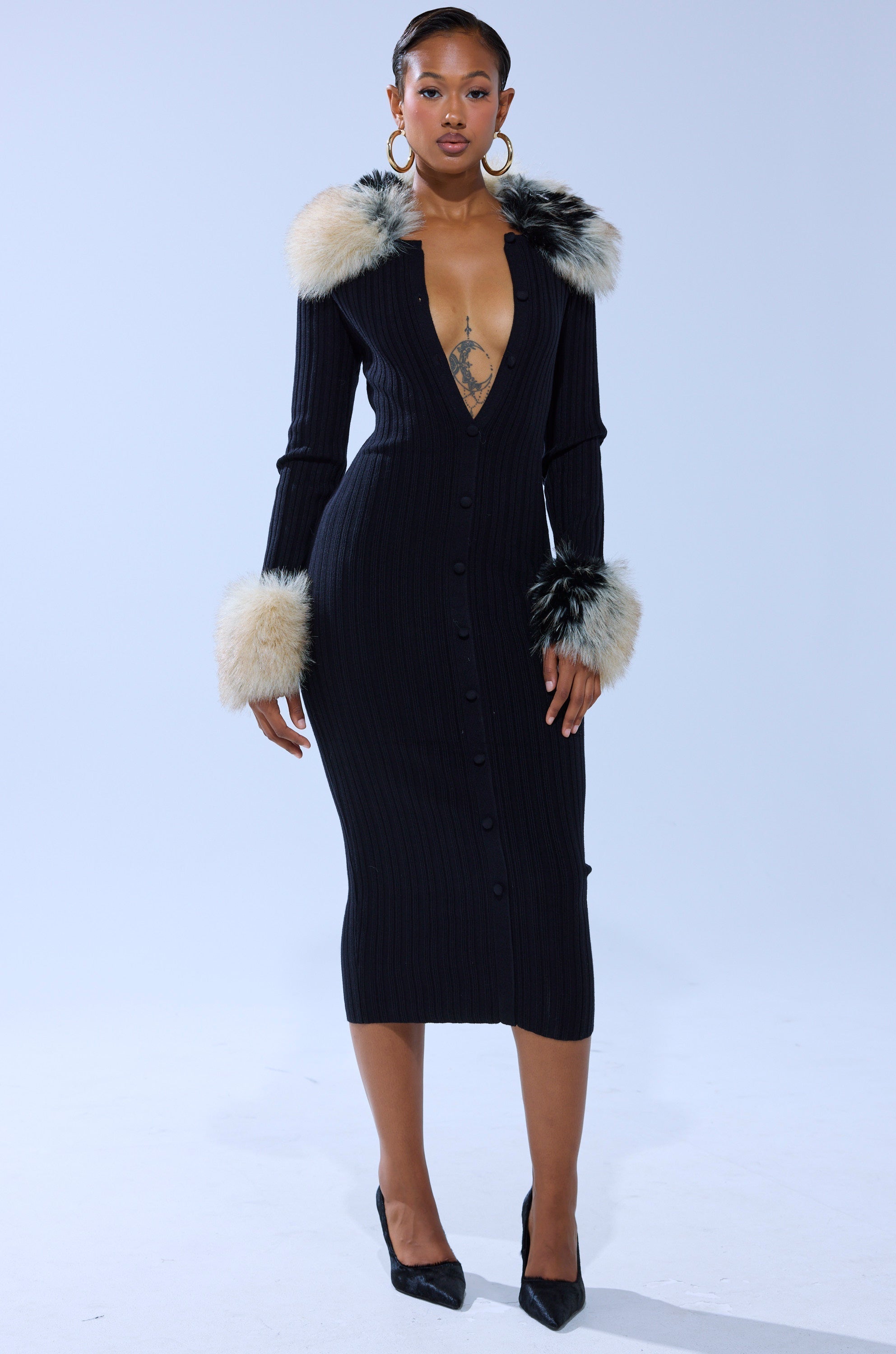 MICHELLE KNIT MIDI DRESS WITH FUR ACCENTS
