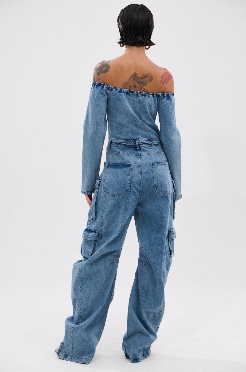 ARI LONG SLEEVE CARGO DENIM JUMPSUIT