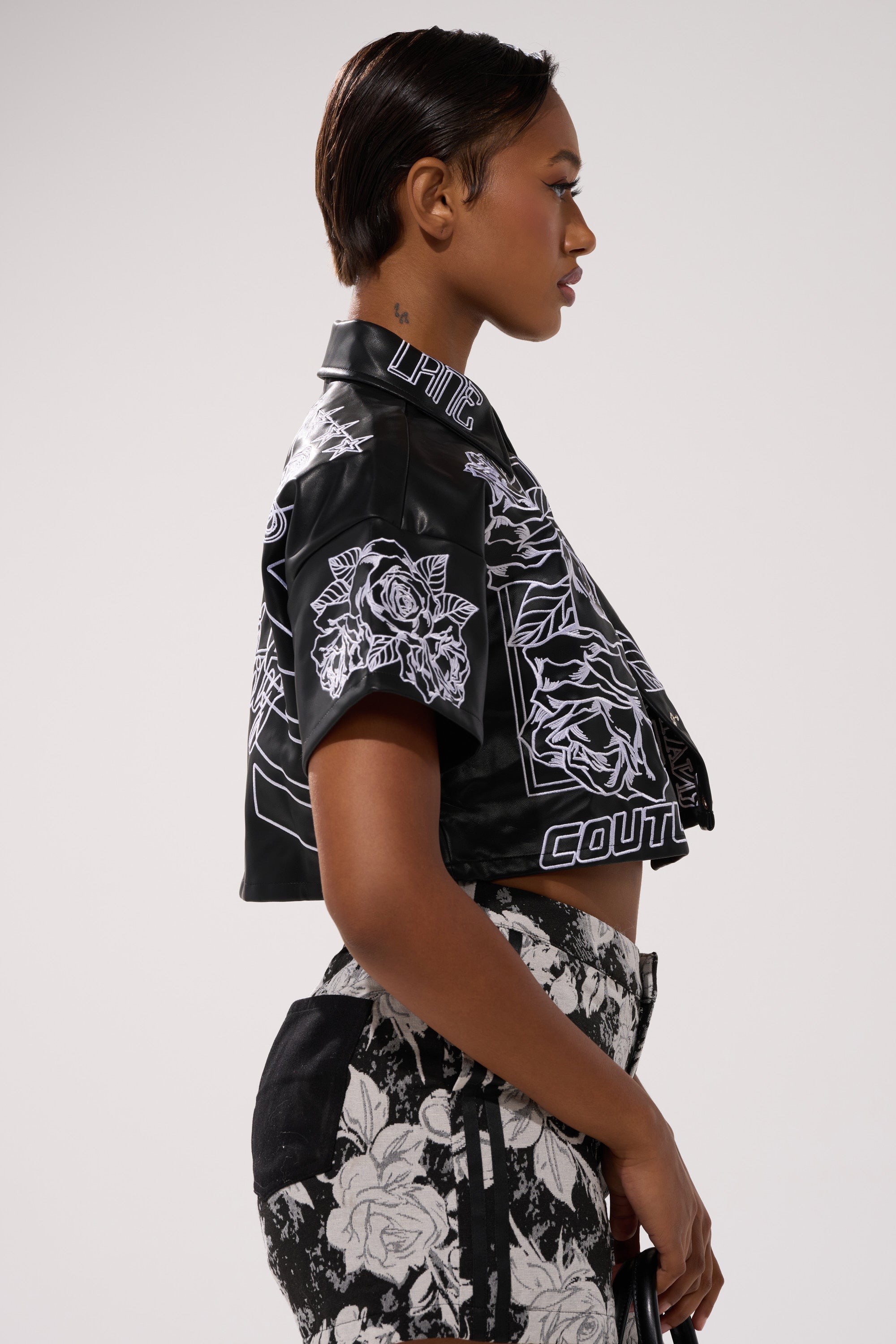 MAKE IT OFFICIAL FAUX LEATHER BUTTON DOWN IN BLACK