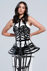 LIKE A CIRCUS VINYL PU CORSET TOP IN BLACK